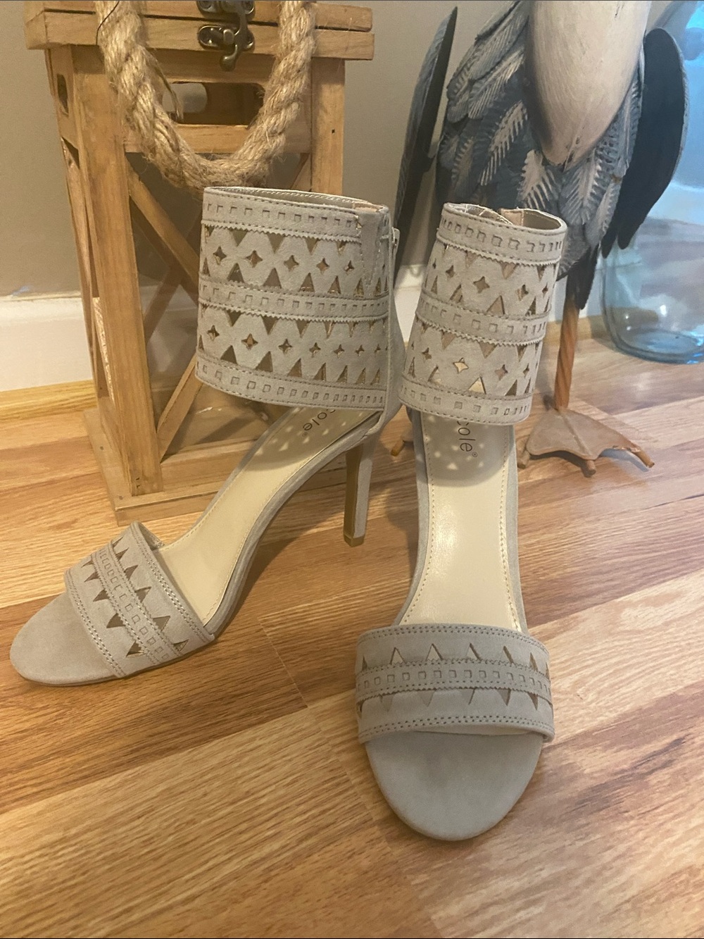 Nicole Beige Cutout Suede Ankle-Strap Heels